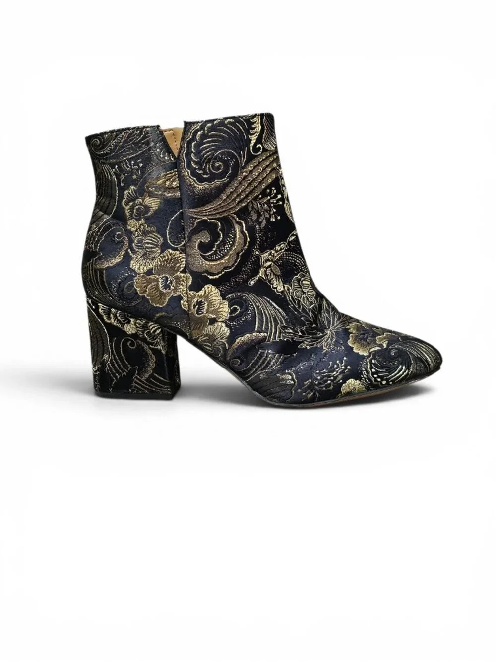 Franco Sarto Women's Jubilee 2 Ankle Boot Floral Bootie Heel Black Gold Size 9